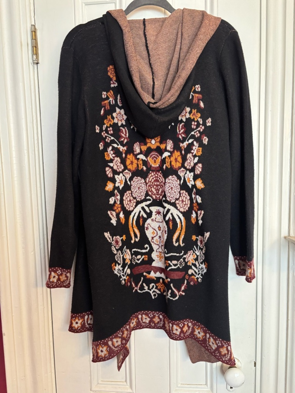 Black Open-Front Hooded Cardigan with Patterned Trim and Back